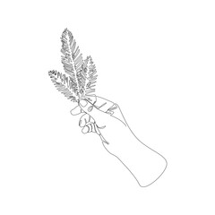 Hand holding a spruce branch lineart. New Year card with fir branch on a white background. Vector holiday illustration. Festive, winter mood