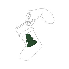 Line art hand holding a New Year's sock with a green Christmas tree. Vector illustration on a white background. New Year's mood, holiday. Postcard, banner, icon.