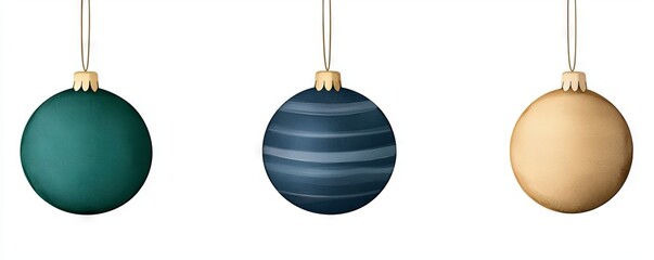 Three decorative Christmas ornaments hanging in a row, featuring unique colors and textures, perfect for festive holiday decor.