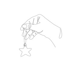 Line art hand holding a Christmas tree toy in the form of a star. Vector illustration on a white background. New Year card, festive mood.