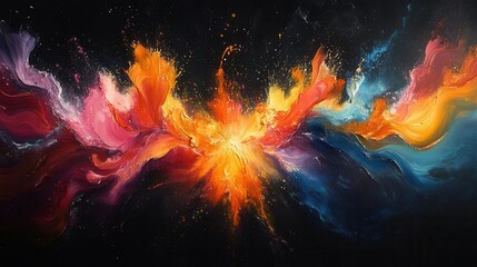 colorful explosion of powdered paint bursts against a black canvas, creating a dynamic and energetic scene filled with swirling hues and motion