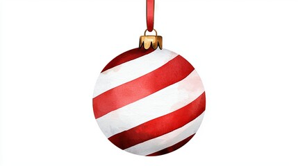 A festive red and white striped Christmas ornament hanging from a ribbon.