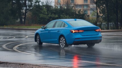 Wet road car skid blue sedan accident scene for educational media with copy space