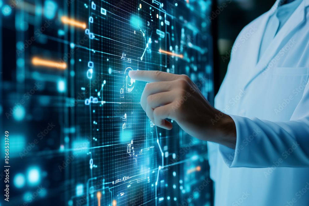 Poster a scientist engages with an interactive digital interface showcasing complex data analytics in a hig