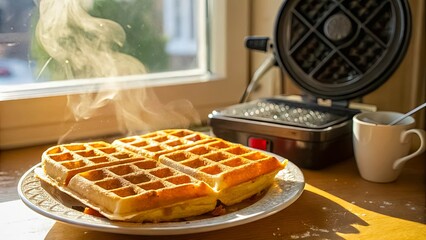 Golden Waffles Steaming on a Plate, Freshly Made with a Waffle Iron, Ready for a Sweet Treat