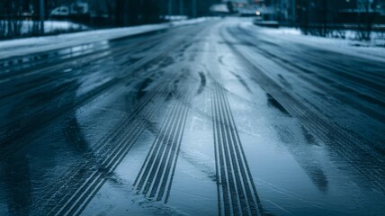 Black ice road hazard warning with blue hue for safety educational content