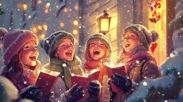Snowfall with Close-up of Carol Singers in Front of Decorated House, Festive and Joyful Christmas Atmosphere

