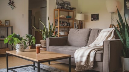 Cozy living room interior design with furnishings and plants for home decor inspiration