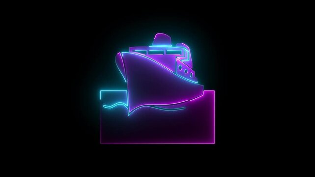 Neon passenger ship icon color glowing animation with black background video.