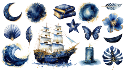 PNG navy blue watercolor glitter design element set, transparent background