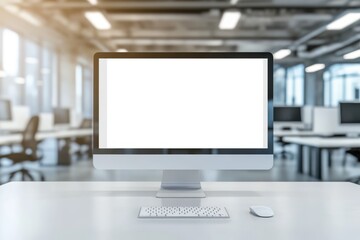 Naklejka premium The image features a sleek modern desktop computer in a contemporary office, showcasing a pleasing professional workspace with elegant furniture that boosts productivity and efficiency
