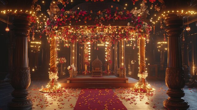 A beautifully decorated wedding mandap with red and gold accents and a throne in the center.