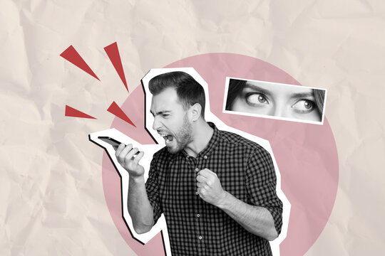 Composite trend artwork image photo collage of young man business bossy hold phone call scream furry bad mood fired lady eyes watch