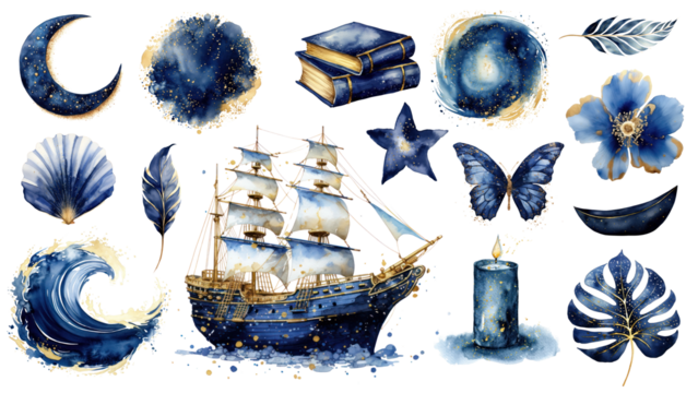 PNG navy blue watercolor glitter design element set, transparent background