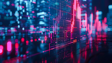 Obraz premium View of stock market expansion, business investment, and data analysis concept featuring digital financial charts, graphs, and indicators against a dark blue blurred background