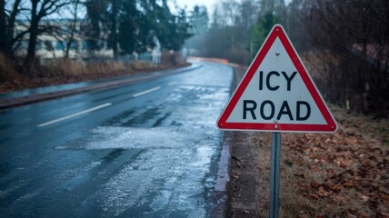 Icy Road Warning Sign with Trees and Building on Cold Winter Background for Educational Media