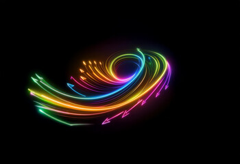 A vibrant swirl of rainbow neon light streaks across a black background.