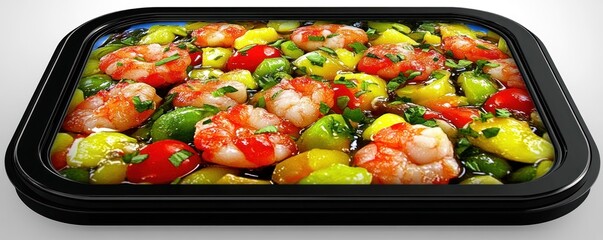 A vibrant dish featuring shrimp and colorful vegetables in a glossy sauce.