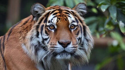 Fototapeta premium Endangered tiger portrait with mane on green foliage for wildlife conservation poster