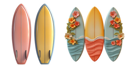 Colorful Surfboards with Floral Designs and Waves