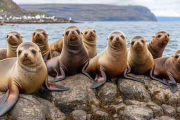 Naklejka premium A close-up of several seals with curious expressions, gathered on a rocky shore near the ocean, with a scenic coastal background