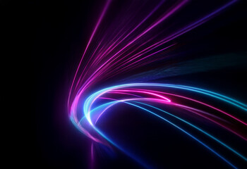Obraz premium A dynamic composition of pink and blue light streaks converge and curve across a black background.