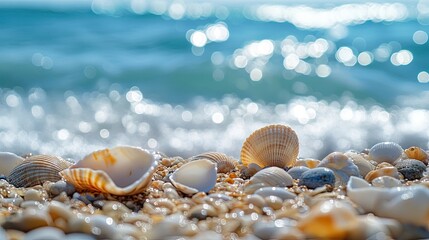 Seashells scattered on a sandy beach with the ocean in the background.
