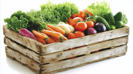 Fresh Organic Vegetables in Rustic Wooden Crate on White Background