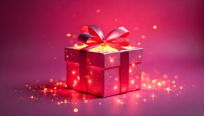 A christmas birthday anniversary gift, the box glowing from within with magical sparkles isolated on a dark pink background with copy space