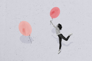 Composite trend artwork sketch image photo collage of copyspace miniature young lady jump levitate...