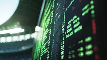 A close-up of a stock ticker displaying numbers and symbols in green and red. The ticker is positioned against a blurred background of a stadium with lights.