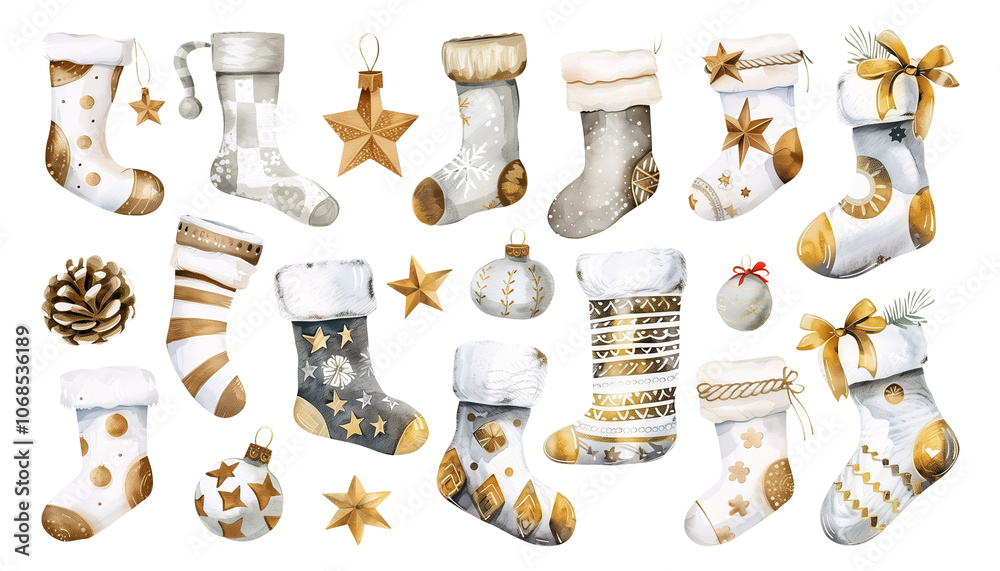 Wall mural Set of isolated cute stockings in vivid hand painted watercolor painting on a transparent background for ornamental Christmas and New Year party decoration elements. Gold color tone.