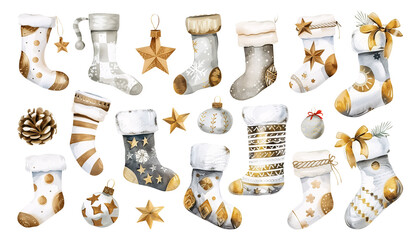 Set of isolated cute stockings in vivid hand painted watercolor painting on a transparent background for ornamental Christmas and New Year party decoration elements. Gold color tone.