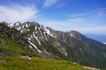 中央アルプス　残雪の木曾山脈主峰（宝剣岳、中岳、木曾駒ヶ岳、麦草岳）