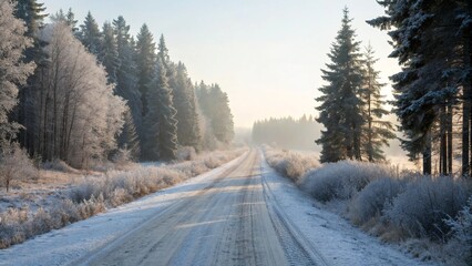 Obraz premium Frosty winter road lined with snow-covered trees and shrubs, leading into a misty horizon. The peaceful and serene atmosphere captures the beauty of a winter morning.