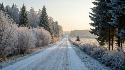 Fototapeta premium Frosty winter road lined with snow-covered trees and shrubs, leading into a misty horizon. The peaceful and serene atmosphere captures the beauty of a winter morning.