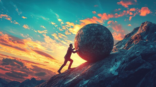 A determined man exerts effort pushing a large boulder uphill amidst a stunning sunset, symbolizing perseverance and struggle in a picturesque outdoor setting.