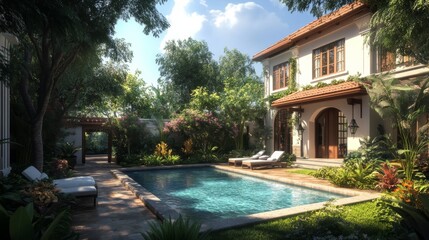 Obraz premium Charming Mediterranean Villa with Lush Garden and Pool