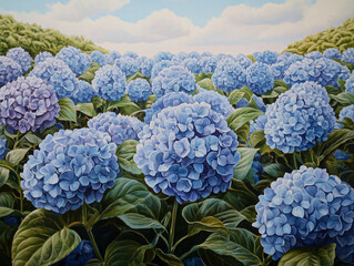 Bright clusters of hydrangeas showcase stunning shades of purple and blue, creating a serene atmosphere in a peaceful garden bathed in gentle sunlight.