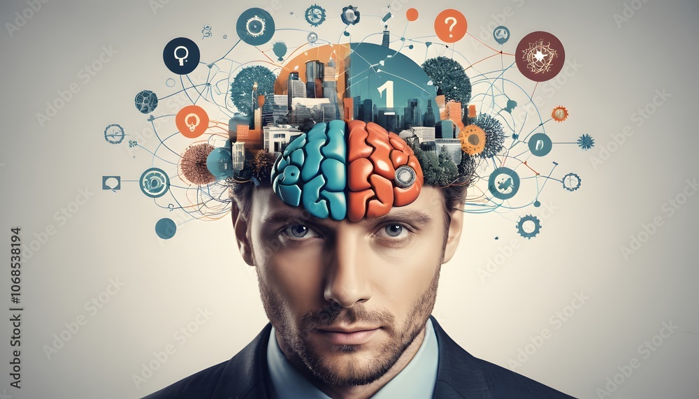 Poster creative representation of a man embracing an intelligence mindset for enhanced personal and profess