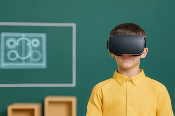 Virtual Reality Learning Experience, a boy engages with immersive 3D simulations in a dynamic computer science classroom setting.