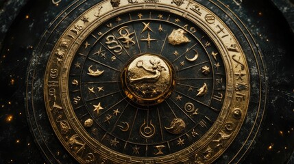 Obraz premium A close-up of a celestial clock face, adorned with intricate golden symbols and constellations, representing the passage of time and the mysteries of the universe.