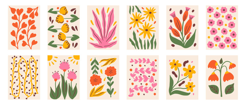 Floral abstract botanical composition set. Modern trendy colorful minimal style. Vector design for print, wallpaper, card and invite, poster