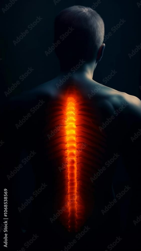 Poster back view of a shirtless man with glowing spine, experiencing intense back pain on a dark background