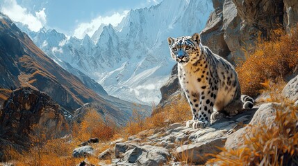 Majestic snow leopard perched on a rocky mountainside, overlooking a stunning Himalayan valley.