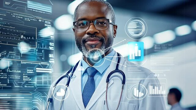 Confident African American doctor with digital interface overlays, concept of advanced healthcare technology, data-driven diagnostics, and modern medical innovation in clinical practice