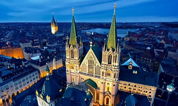 Aerial view of famous places St. Stephen's Cathedral Stephansdom at night. Mother church of the Roman Catholic Archdiocese of Vienna. Austria