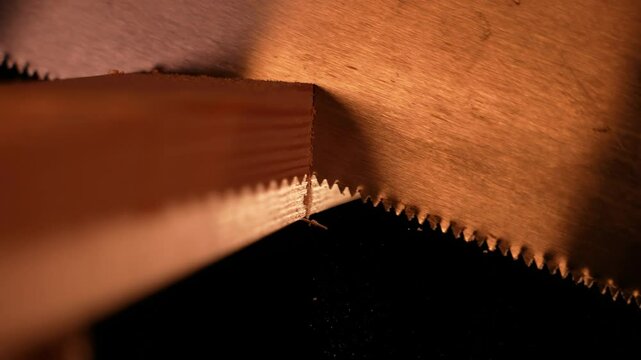 A man cuts wood with a small hand saw,Man sawing wood into shape,Hand sawing a wooden block with a hacksaw