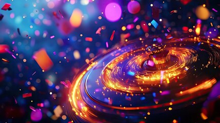 Obraz premium A spinning, glowing disc surrounded by colorful confetti.