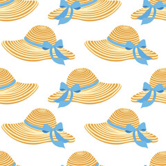 Seamless pattern with straw hat and blue ribbon. Vector flat background of headgear